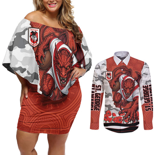 Personalized Dragons ANZAC Tribute Couples Matching Off Shoulder Short Dress and Long Sleeve Button Shirt Poppy Field Soldier Silhouette Aboriginal Rugby Mascot