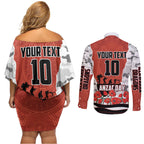 Personalized Dragons ANZAC Tribute Couples Matching Off Shoulder Short Dress and Long Sleeve Button Shirt Poppy Field Soldier Silhouette Aboriginal Rugby Mascot