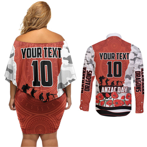 Personalized Dragons ANZAC Tribute Couples Matching Off Shoulder Short Dress and Long Sleeve Button Shirt Poppy Field Soldier Silhouette Aboriginal Rugby Mascot