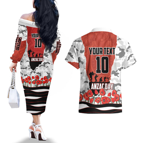 Personalized Dragons ANZAC Tribute Couples Matching Off The Shoulder Long Sleeve Dress and Hawaiian Shirt Poppy Field Soldier Silhouette Aboriginal Rugby Mascot