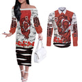 Personalized Dragons ANZAC Tribute Couples Matching Off The Shoulder Long Sleeve Dress and Long Sleeve Button Shirt Poppy Field Soldier Silhouette Aboriginal Rugby Mascot