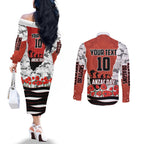 Personalized Dragons ANZAC Tribute Couples Matching Off The Shoulder Long Sleeve Dress and Long Sleeve Button Shirt Poppy Field Soldier Silhouette Aboriginal Rugby Mascot