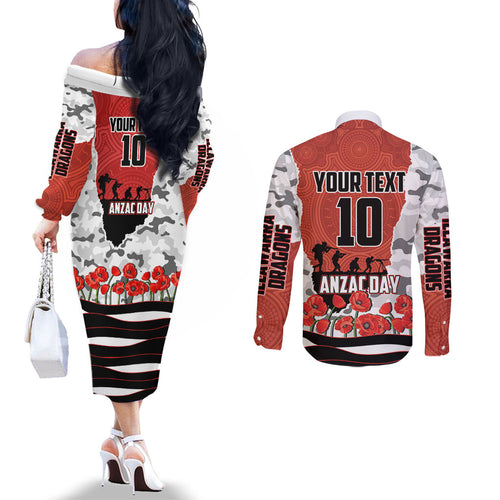 Personalized Dragons ANZAC Tribute Couples Matching Off The Shoulder Long Sleeve Dress and Long Sleeve Button Shirt Poppy Field Soldier Silhouette Aboriginal Rugby Mascot
