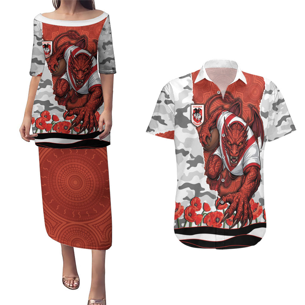 Personalized Dragons ANZAC Tribute Couples Matching Puletasi and Hawaiian Shirt Poppy Field Soldier Silhouette Aboriginal Rugby Mascot