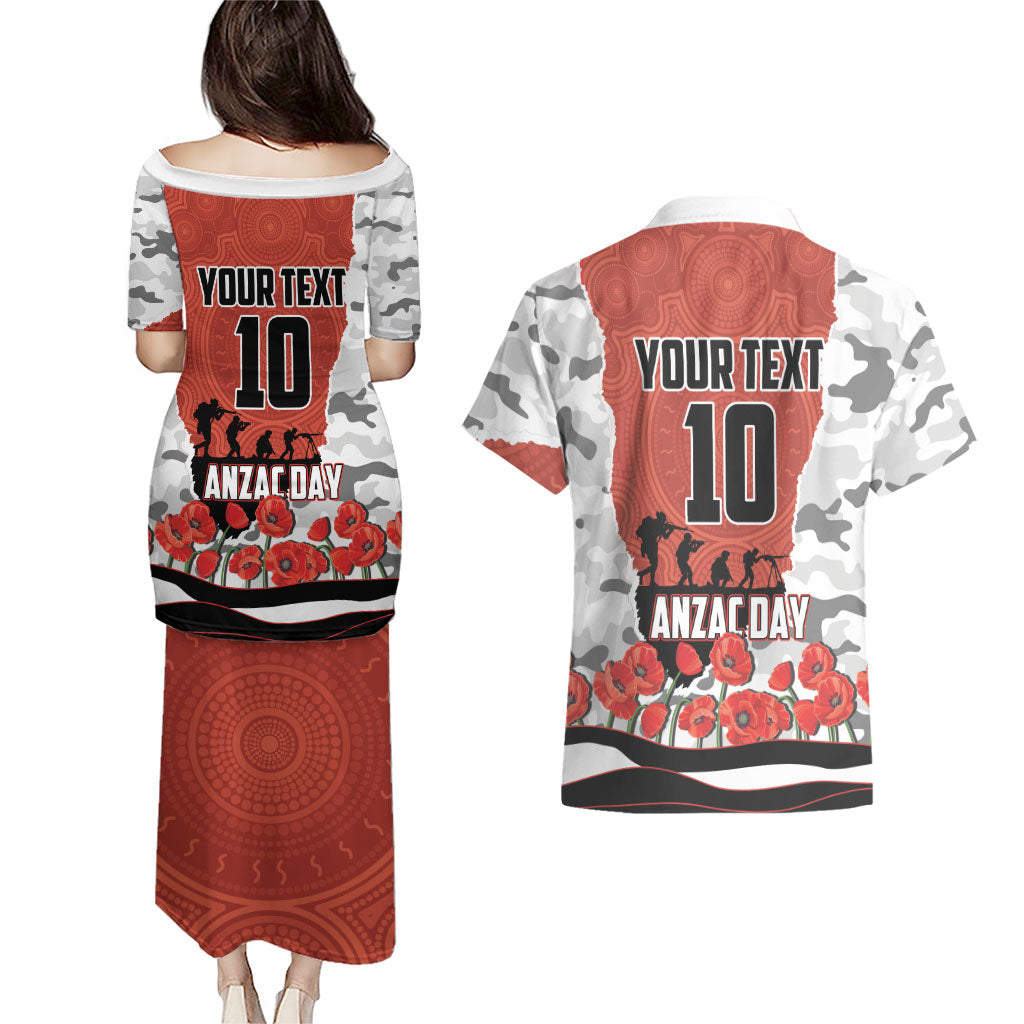 Personalized Dragons ANZAC Tribute Couples Matching Puletasi and Hawaiian Shirt Poppy Field Soldier Silhouette Aboriginal Rugby Mascot