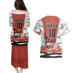 Personalized Dragons ANZAC Tribute Couples Matching Puletasi and Hawaiian Shirt Poppy Field Soldier Silhouette Aboriginal Rugby Mascot