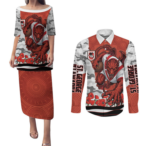 Personalized Dragons ANZAC Tribute Couples Matching Puletasi and Long Sleeve Button Shirt Poppy Field Soldier Silhouette Aboriginal Rugby Mascot