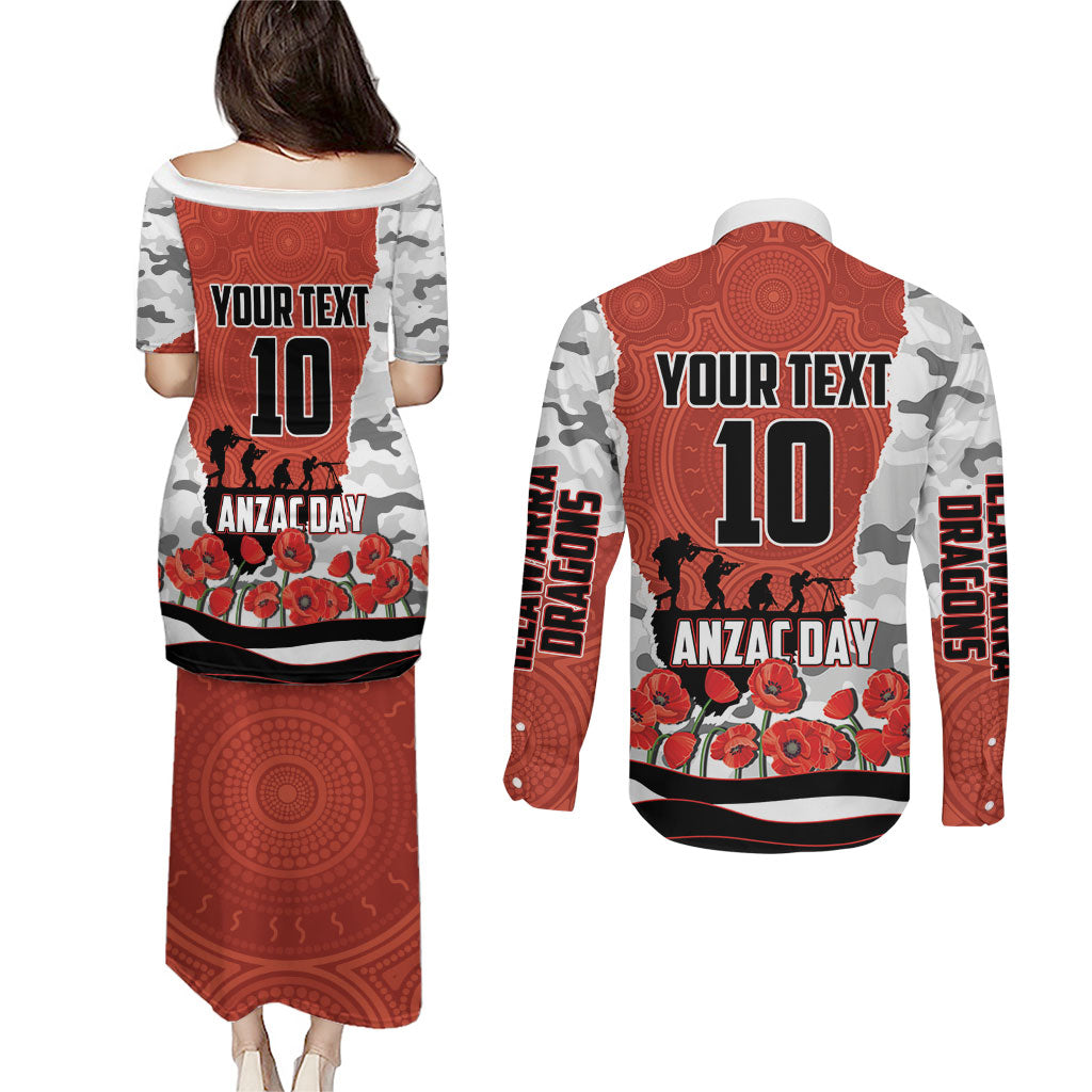 Personalized Dragons ANZAC Tribute Couples Matching Puletasi and Long Sleeve Button Shirt Poppy Field Soldier Silhouette Aboriginal Rugby Mascot