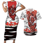 Personalized Dragons ANZAC Tribute Couples Matching Short Sleeve Bodycon Dress and Hawaiian Shirt Poppy Field Soldier Silhouette Aboriginal Rugby Mascot