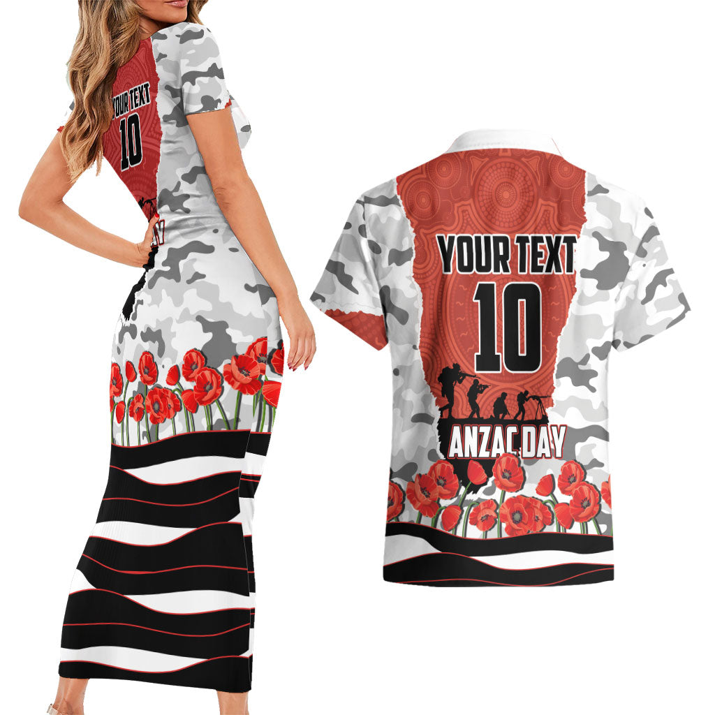Personalized Dragons ANZAC Tribute Couples Matching Short Sleeve Bodycon Dress and Hawaiian Shirt Poppy Field Soldier Silhouette Aboriginal Rugby Mascot