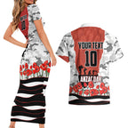 Personalized Dragons ANZAC Tribute Couples Matching Short Sleeve Bodycon Dress and Hawaiian Shirt Poppy Field Soldier Silhouette Aboriginal Rugby Mascot