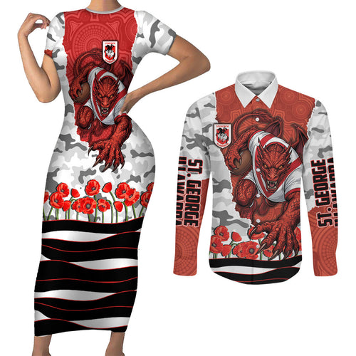 Personalized Dragons ANZAC Tribute Couples Matching Short Sleeve Bodycon Dress and Long Sleeve Button Shirt Poppy Field Soldier Silhouette Aboriginal Rugby Mascot