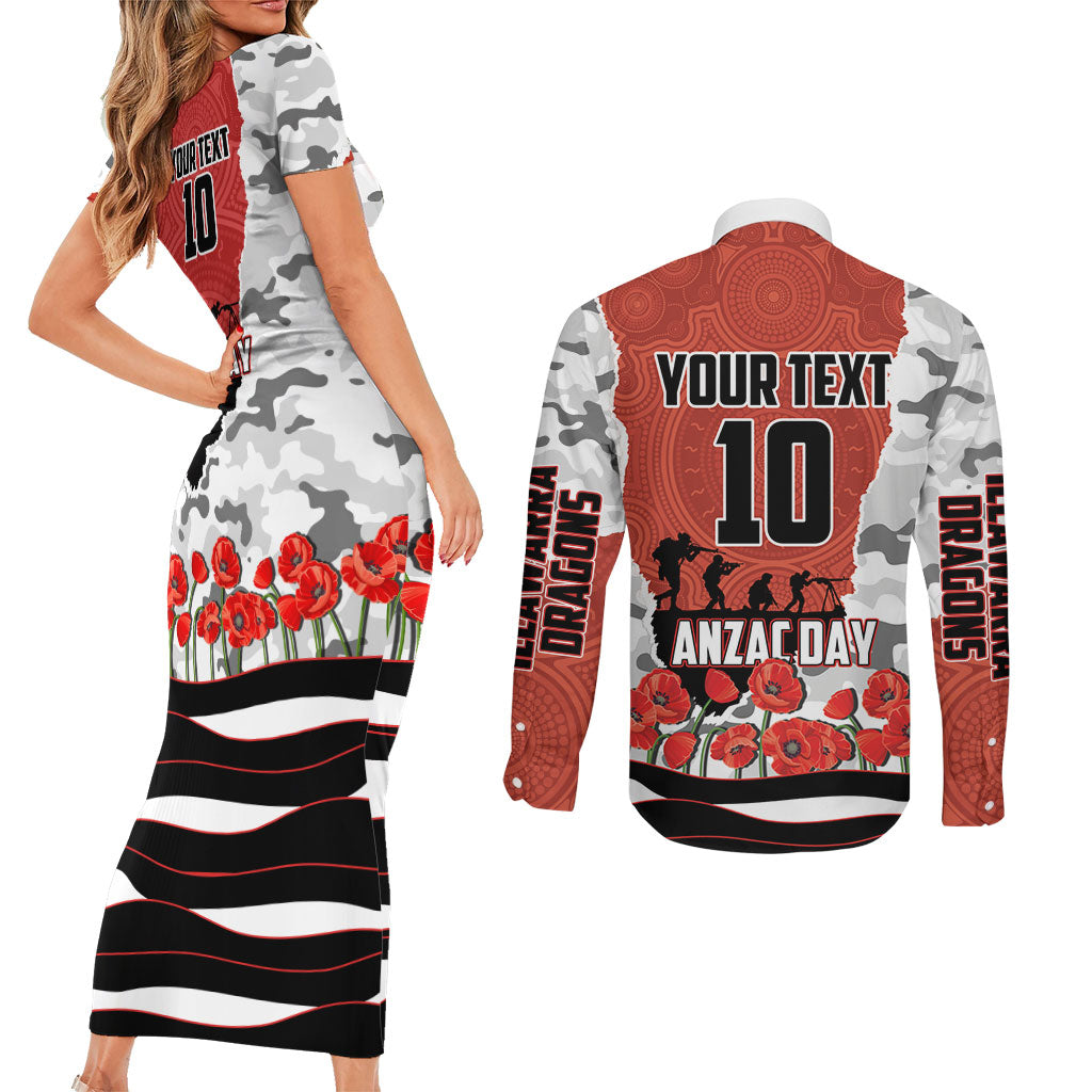 Personalized Dragons ANZAC Tribute Couples Matching Short Sleeve Bodycon Dress and Long Sleeve Button Shirt Poppy Field Soldier Silhouette Aboriginal Rugby Mascot