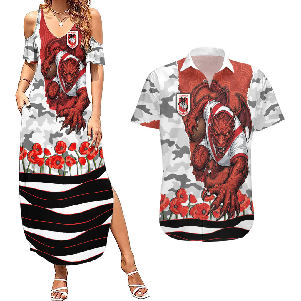 Personalized Dragons ANZAC Tribute Couples Matching Summer Maxi Dress and Hawaiian Shirt Poppy Field Soldier Silhouette Aboriginal Rugby Mascot