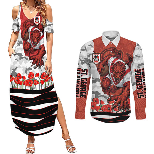 Personalized Dragons ANZAC Tribute Couples Matching Summer Maxi Dress and Long Sleeve Button Shirt Poppy Field Soldier Silhouette Aboriginal Rugby Mascot