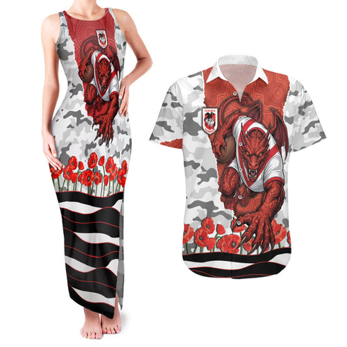 Personalized Dragons ANZAC Tribute Couples Matching Tank Maxi Dress and Hawaiian Shirt Poppy Field Soldier Silhouette Aboriginal Rugby Mascot