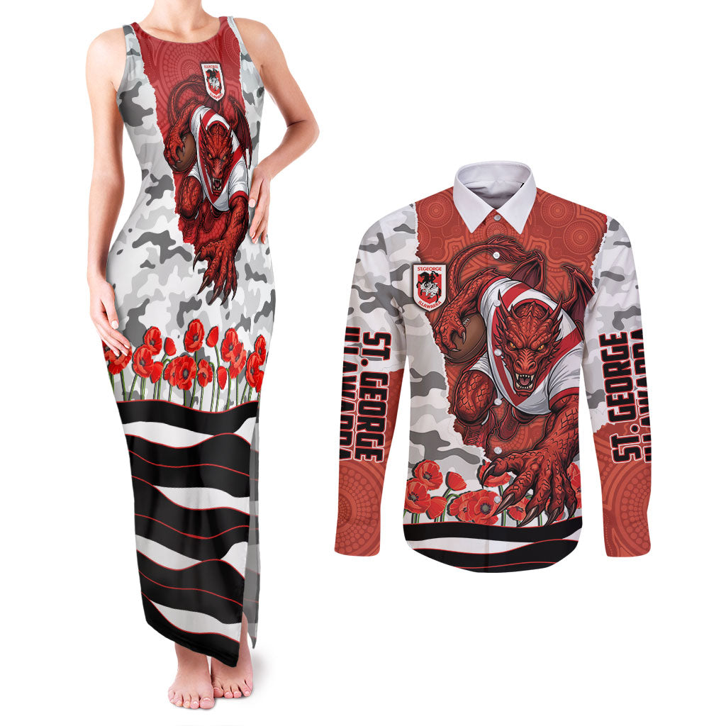 Personalized Dragons ANZAC Tribute Couples Matching Tank Maxi Dress and Long Sleeve Button Shirt Poppy Field Soldier Silhouette Aboriginal Rugby Mascot