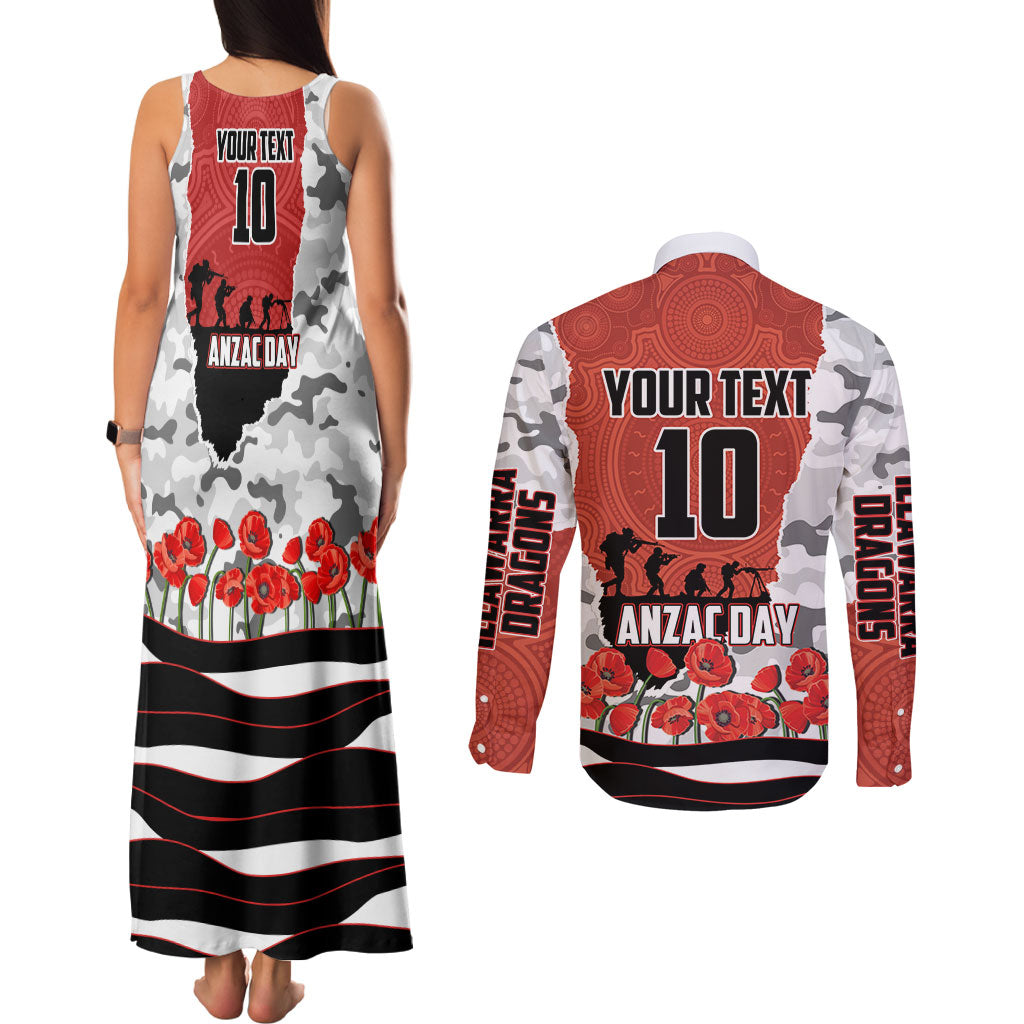 Personalized Dragons ANZAC Tribute Couples Matching Tank Maxi Dress and Long Sleeve Button Shirt Poppy Field Soldier Silhouette Aboriginal Rugby Mascot