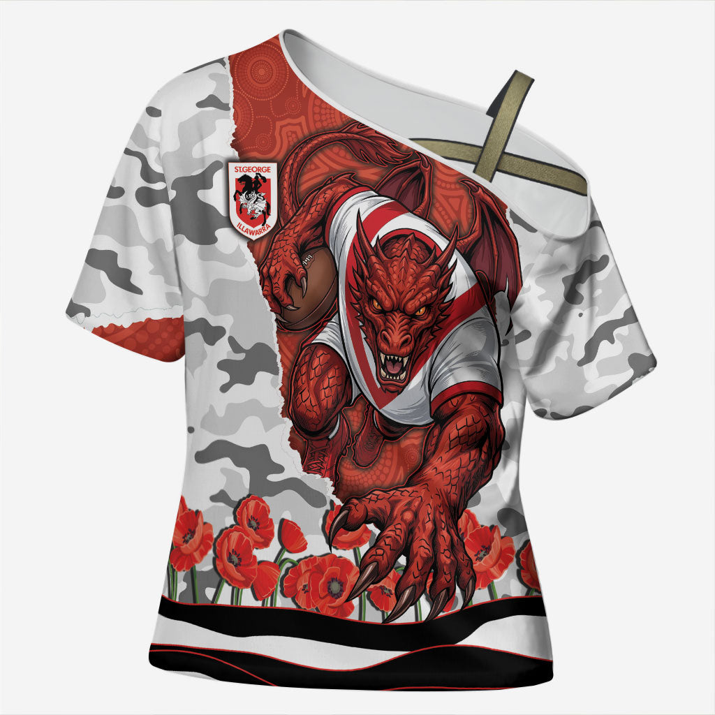 Personalized Dragons ANZAC Tribute Cross Shoulder Shirt Poppy Field Soldier Silhouette Aboriginal Rugby Mascot