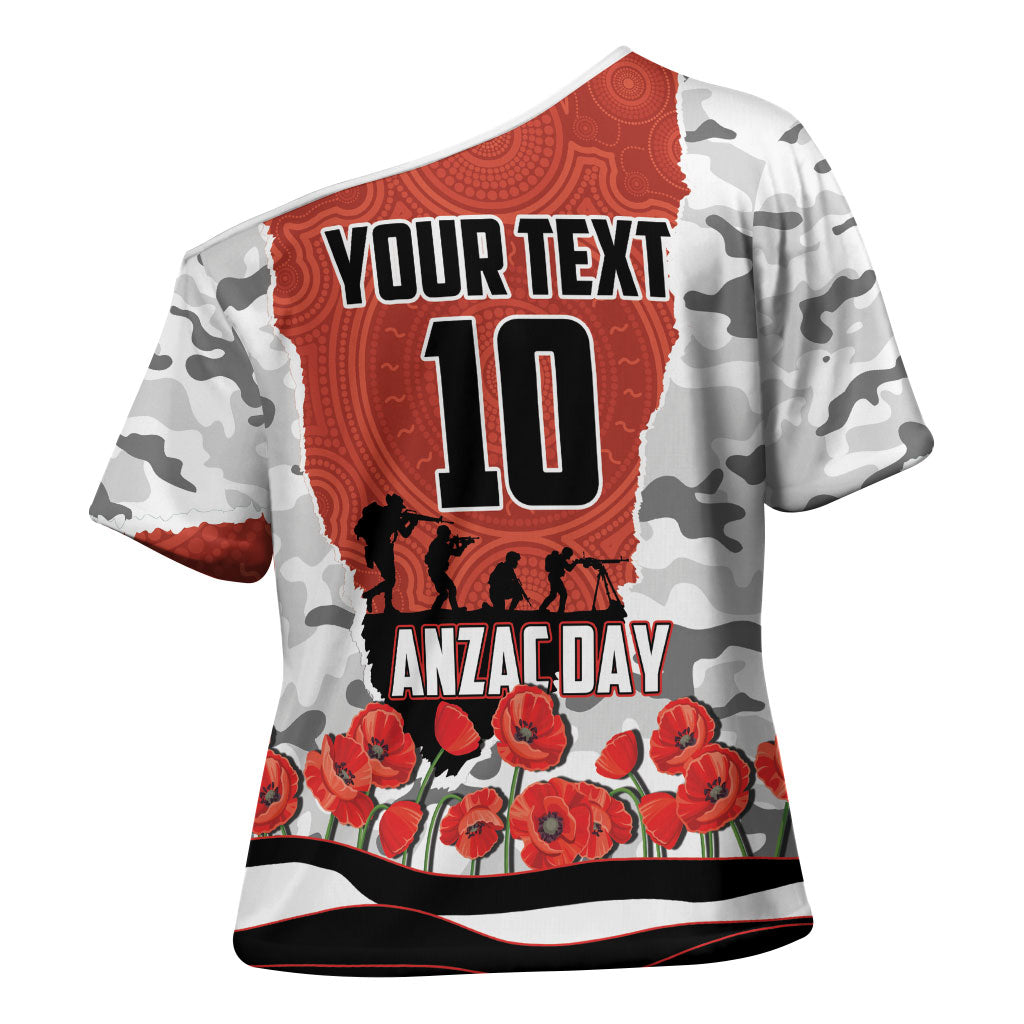 Personalized Dragons ANZAC Tribute Cross Shoulder Shirt Poppy Field Soldier Silhouette Aboriginal Rugby Mascot