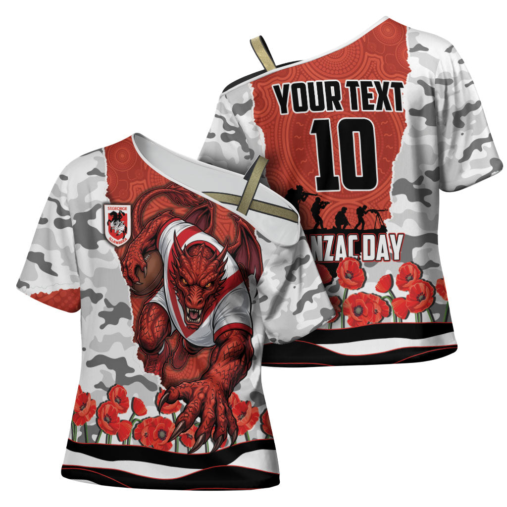 Personalized Dragons ANZAC Tribute Cross Shoulder Shirt Poppy Field Soldier Silhouette Aboriginal Rugby Mascot