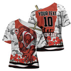 Personalized Dragons ANZAC Tribute Cross Shoulder Shirt Poppy Field Soldier Silhouette Aboriginal Rugby Mascot
