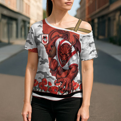 Personalized Dragons ANZAC Tribute Cross Shoulder Shirt Poppy Field Soldier Silhouette Aboriginal Rugby Mascot