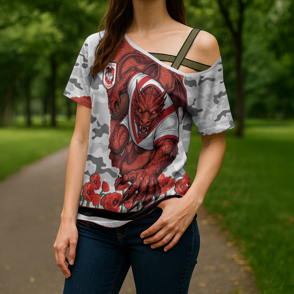 Personalized Dragons ANZAC Tribute Cross Shoulder Shirt Poppy Field Soldier Silhouette Aboriginal Rugby Mascot