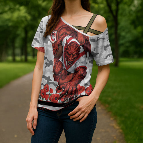 Personalized Dragons ANZAC Tribute Cross Shoulder Shirt Poppy Field Soldier Silhouette Aboriginal Rugby Mascot