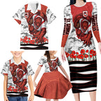 Personalized Dragons ANZAC Tribute Family Matching Long Sleeve Bodycon Dress and Hawaiian Shirt Poppy Field Soldier Silhouette Aboriginal Rugby Mascot
