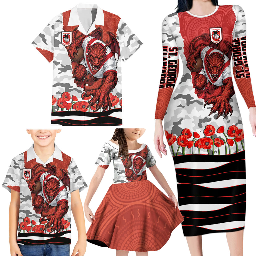 Personalized Dragons ANZAC Tribute Family Matching Long Sleeve Bodycon Dress and Hawaiian Shirt Poppy Field Soldier Silhouette Aboriginal Rugby Mascot