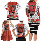 Personalized Dragons ANZAC Tribute Family Matching Long Sleeve Bodycon Dress and Hawaiian Shirt Poppy Field Soldier Silhouette Aboriginal Rugby Mascot