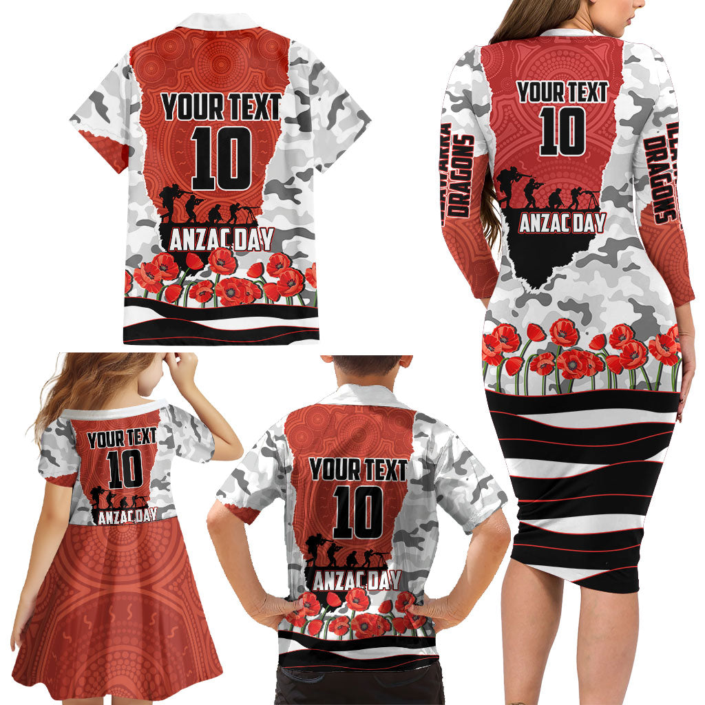 Personalized Dragons ANZAC Tribute Family Matching Long Sleeve Bodycon Dress and Hawaiian Shirt Poppy Field Soldier Silhouette Aboriginal Rugby Mascot