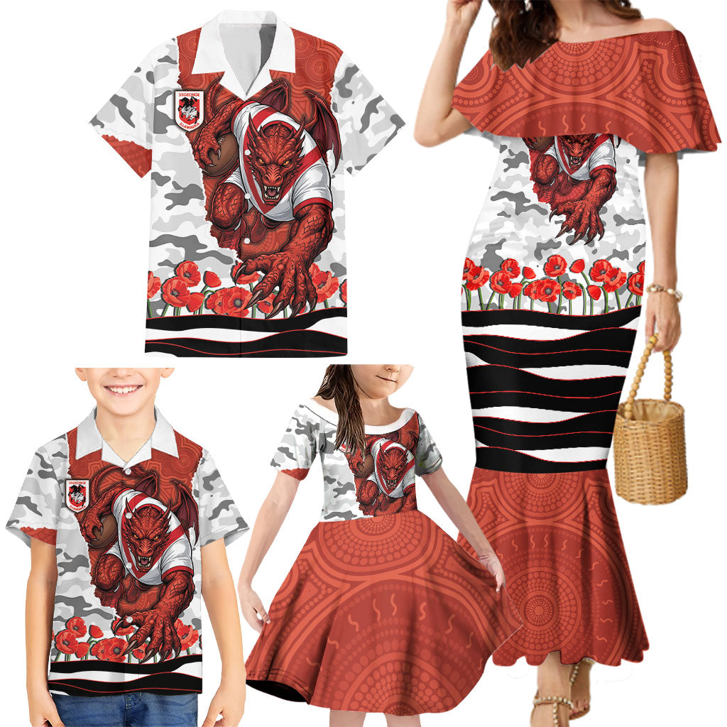 Personalized Dragons ANZAC Tribute Family Matching Mermaid Dress and Hawaiian Shirt Poppy Field Soldier Silhouette Aboriginal Rugby Mascot