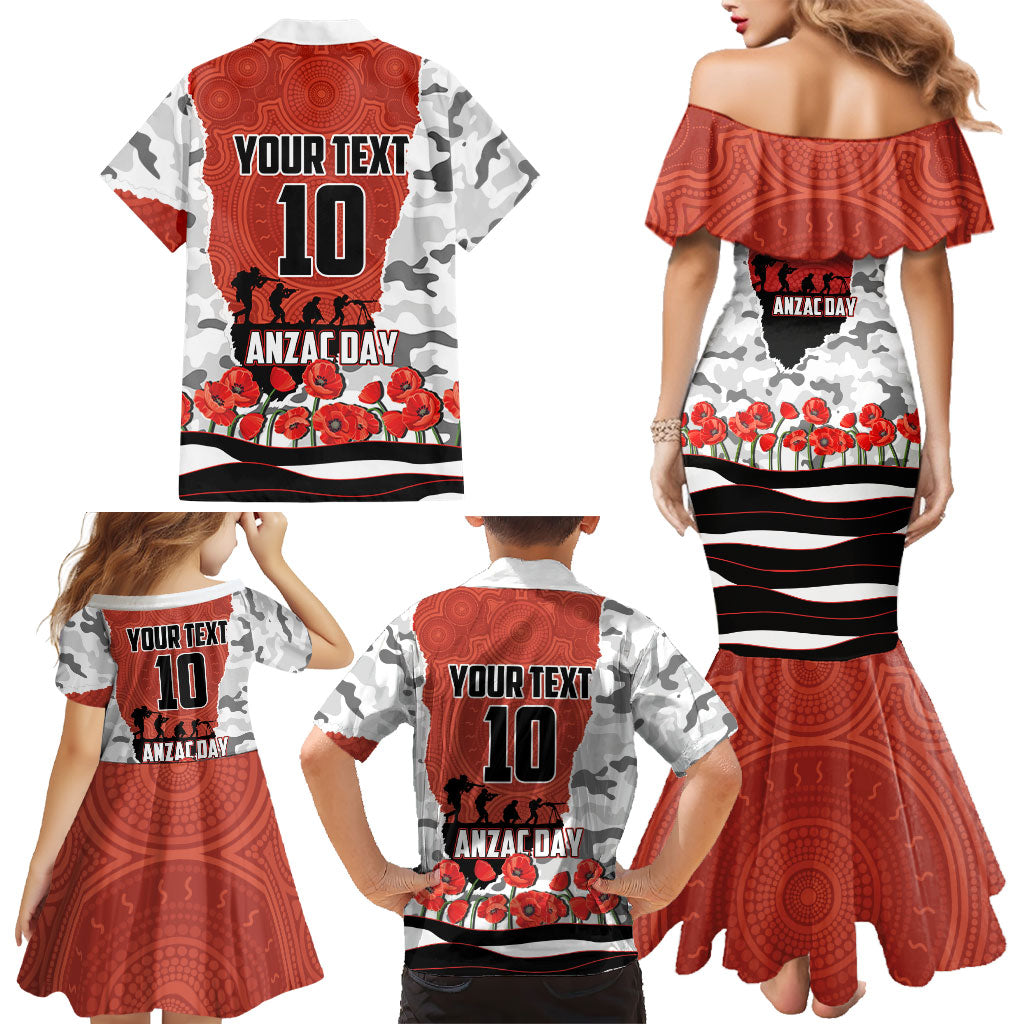 Personalized Dragons ANZAC Tribute Family Matching Mermaid Dress and Hawaiian Shirt Poppy Field Soldier Silhouette Aboriginal Rugby Mascot
