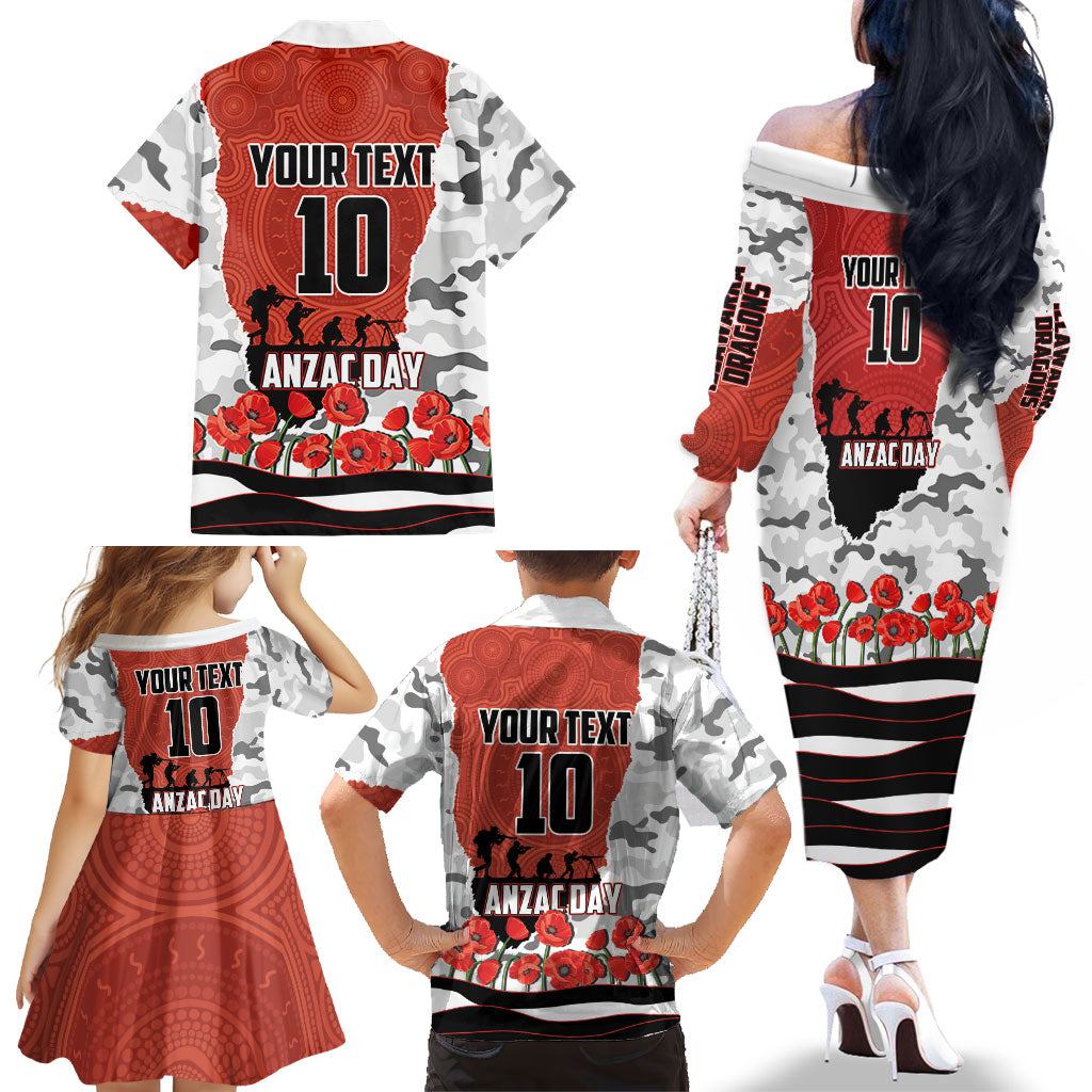 Personalized Dragons ANZAC Tribute Family Matching Off The Shoulder Long Sleeve Dress and Hawaiian Shirt Poppy Field Soldier Silhouette Aboriginal Rugby Mascot