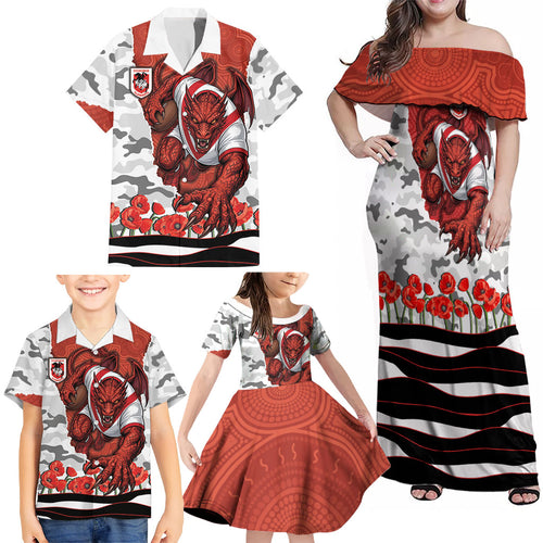 Personalized Dragons ANZAC Tribute Family Matching Off Shoulder Maxi Dress and Hawaiian Shirt Poppy Field Soldier Silhouette Aboriginal Rugby Mascot