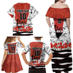 Personalized Dragons ANZAC Tribute Family Matching Off Shoulder Maxi Dress and Hawaiian Shirt Poppy Field Soldier Silhouette Aboriginal Rugby Mascot