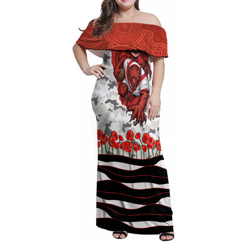 Personalized Dragons ANZAC Tribute Family Matching Off Shoulder Maxi Dress and Hawaiian Shirt Poppy Field Soldier Silhouette Aboriginal Rugby Mascot