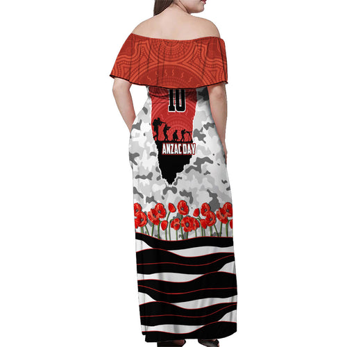Personalized Dragons ANZAC Tribute Family Matching Off Shoulder Maxi Dress and Hawaiian Shirt Poppy Field Soldier Silhouette Aboriginal Rugby Mascot