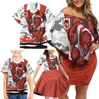 Personalized Dragons ANZAC Tribute Family Matching Off Shoulder Short Dress and Hawaiian Shirt Poppy Field Soldier Silhouette Aboriginal Rugby Mascot