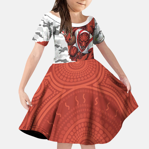Personalized Dragons ANZAC Tribute Family Matching Off Shoulder Short Dress and Hawaiian Shirt Poppy Field Soldier Silhouette Aboriginal Rugby Mascot