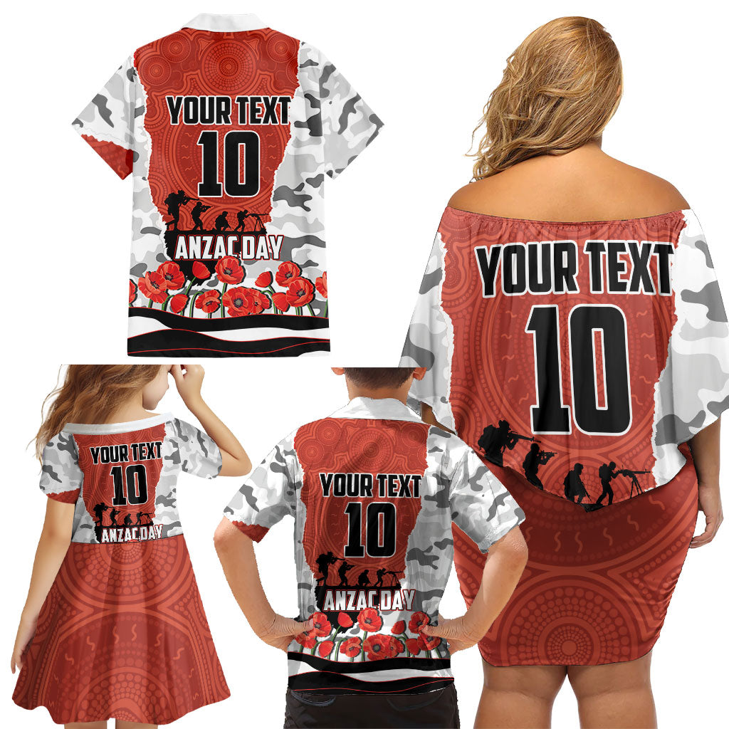 Personalized Dragons ANZAC Tribute Family Matching Off Shoulder Short Dress and Hawaiian Shirt Poppy Field Soldier Silhouette Aboriginal Rugby Mascot