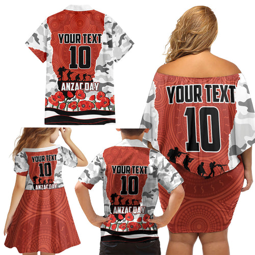 Personalized Dragons ANZAC Tribute Family Matching Off Shoulder Short Dress and Hawaiian Shirt Poppy Field Soldier Silhouette Aboriginal Rugby Mascot