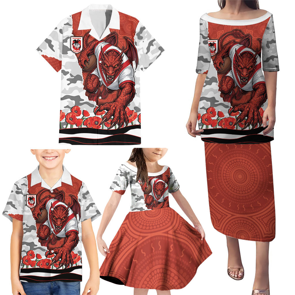 Personalized Dragons ANZAC Tribute Family Matching Puletasi and Hawaiian Shirt Poppy Field Soldier Silhouette Aboriginal Rugby Mascot