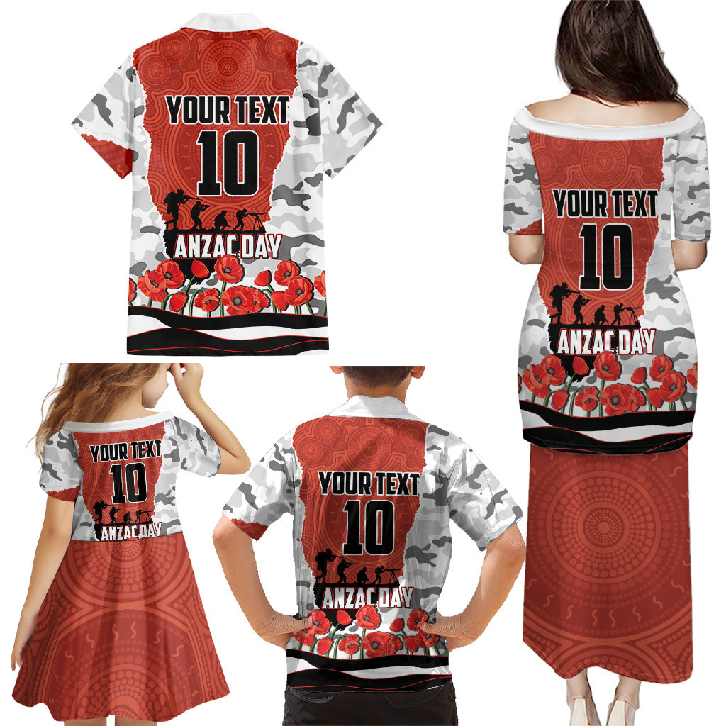 Personalized Dragons ANZAC Tribute Family Matching Puletasi and Hawaiian Shirt Poppy Field Soldier Silhouette Aboriginal Rugby Mascot