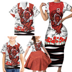 Personalized Dragons ANZAC Tribute Family Matching Short Sleeve Bodycon Dress and Hawaiian Shirt Poppy Field Soldier Silhouette Aboriginal Rugby Mascot