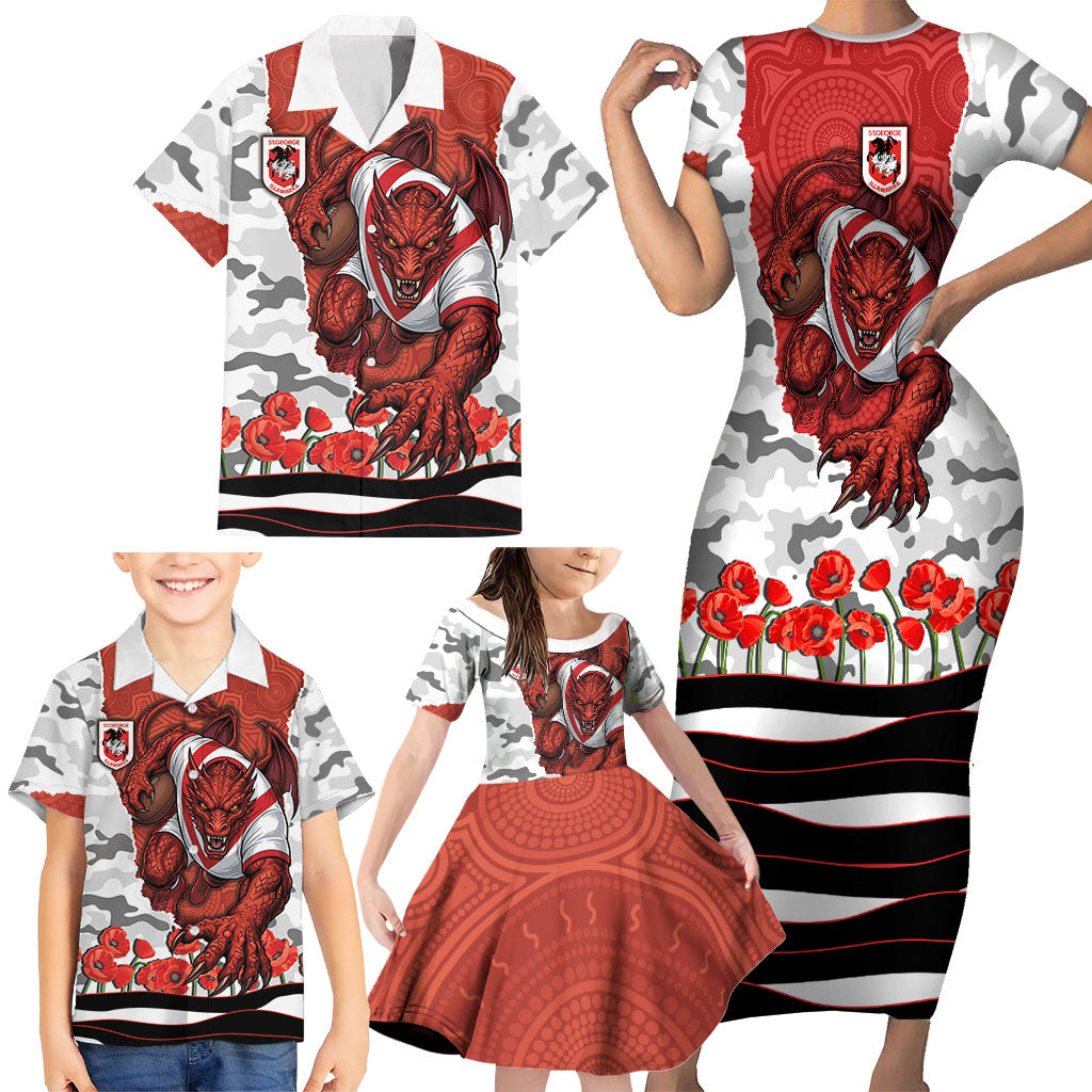 Personalized Dragons ANZAC Tribute Family Matching Short Sleeve Bodycon Dress and Hawaiian Shirt Poppy Field Soldier Silhouette Aboriginal Rugby Mascot