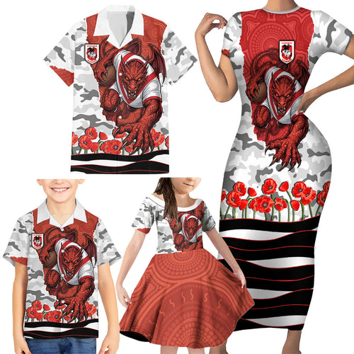 Personalized Dragons ANZAC Tribute Family Matching Short Sleeve Bodycon Dress and Hawaiian Shirt Poppy Field Soldier Silhouette Aboriginal Rugby Mascot