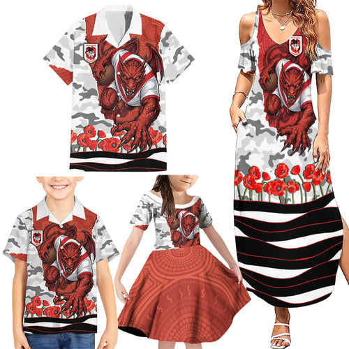 Personalized Dragons ANZAC Tribute Family Matching Summer Maxi Dress and Hawaiian Shirt Poppy Field Soldier Silhouette Aboriginal Rugby Mascot